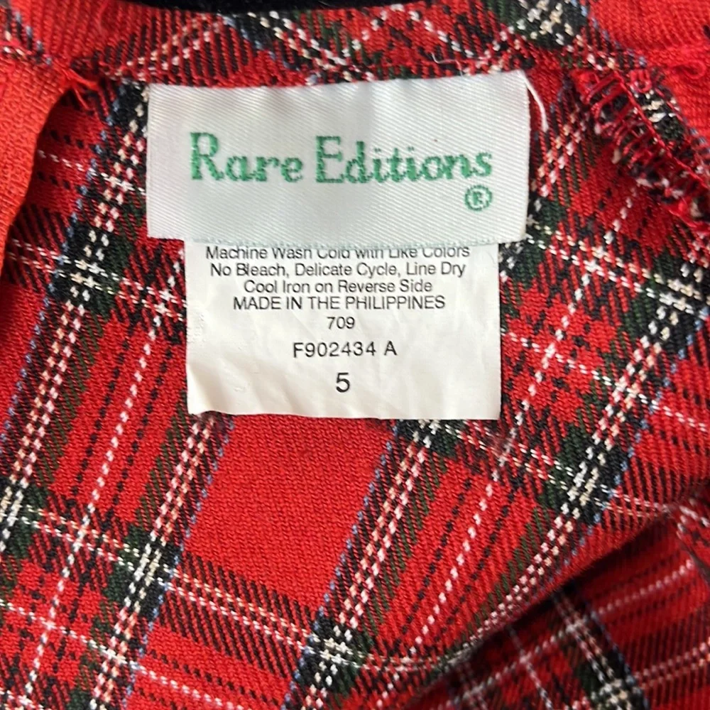 RARE EDITIONS Girls Red Plaid Short Puffy Sleeve Dress Black Velvet Collar Lace
